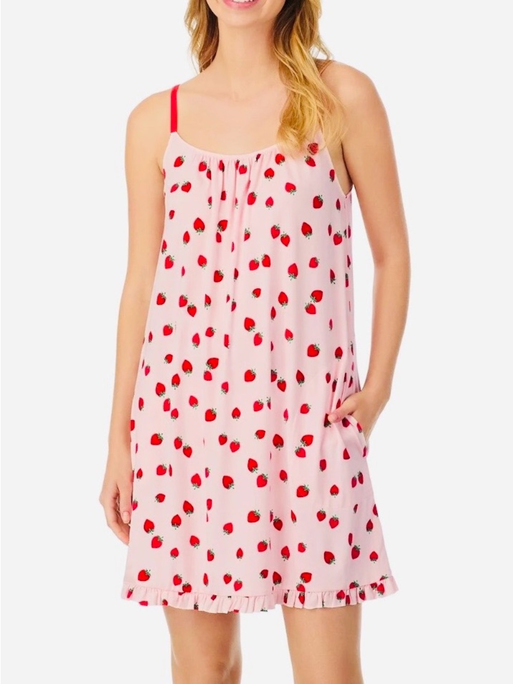 Pink Strawberry Print Chemise Nightdress with Ruffle Hem